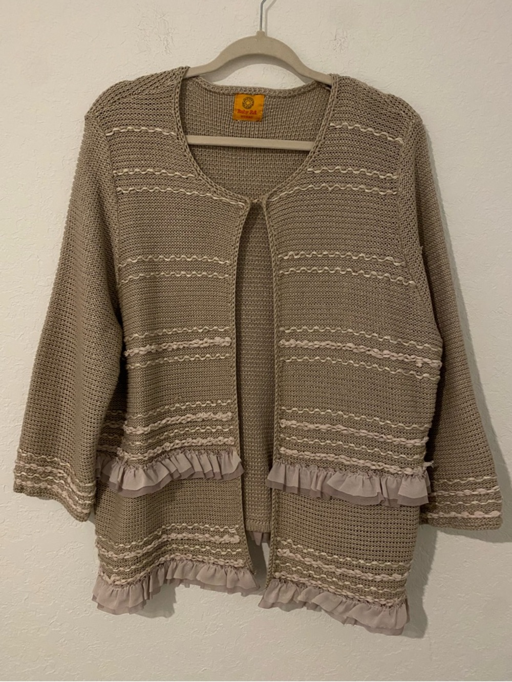 Ruby Rd. Taupe Knit Ruffle-Trim Open Cardigan